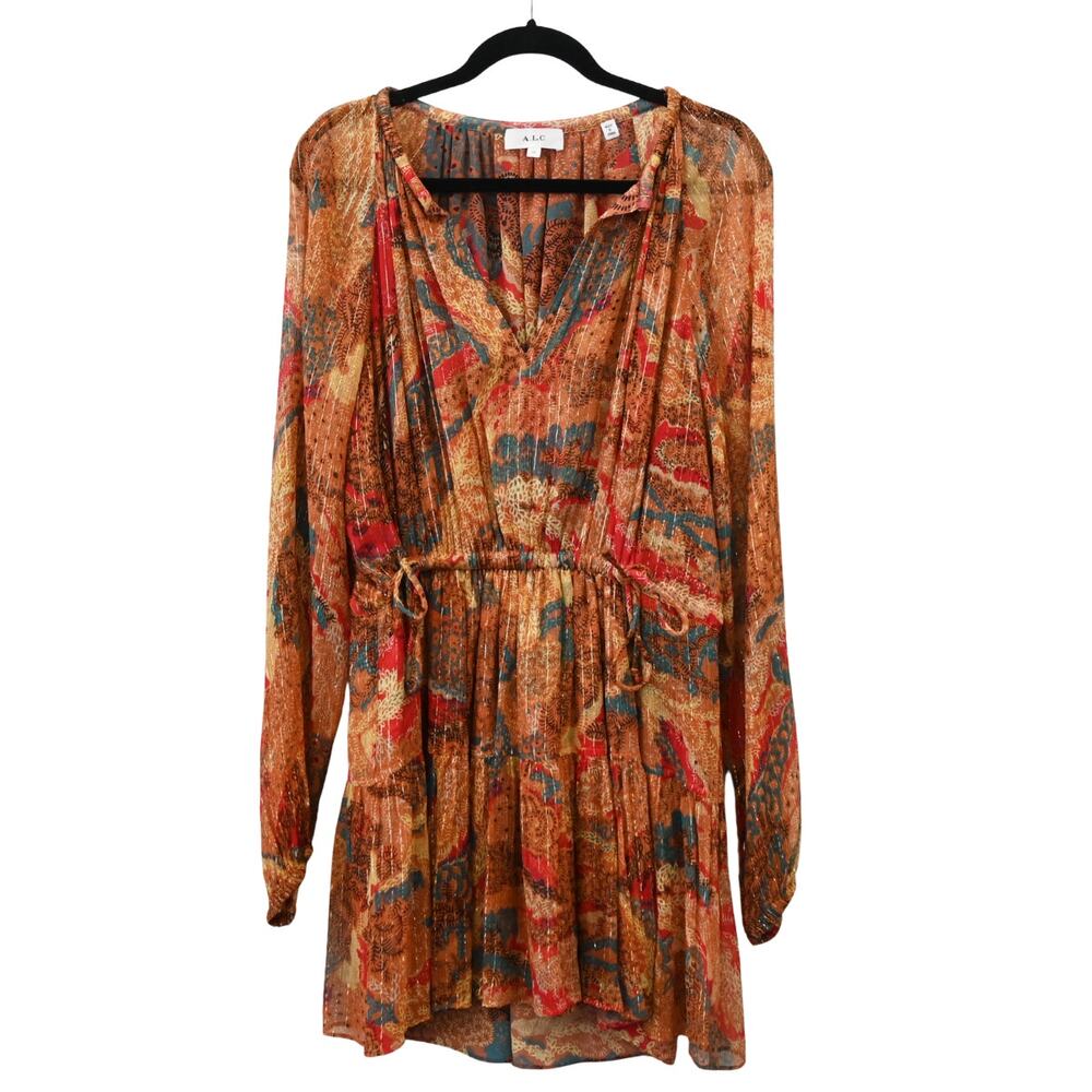 ALC Elisa Dress Size 10 Orange Red Print Sheer Gold Stripe Pullover